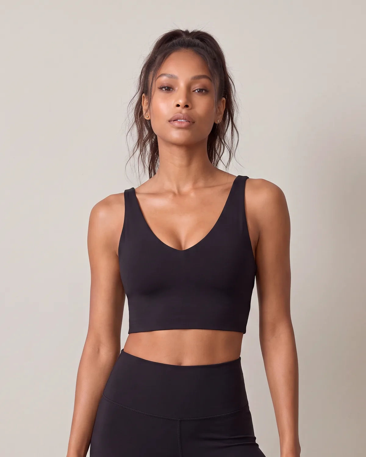 Active V-Neck Medium-Support Sports Bra in Black, front view