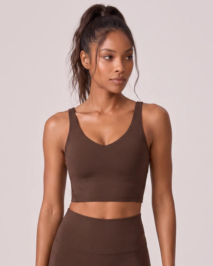 Active V-Neck Medium-Support Sports Bra in Brown, front view