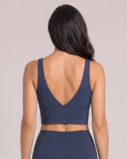 Luna Everyday Sports Bra in Navy, back view with deep V plunge back