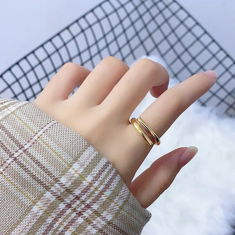 Silver Color Double Layer Geometric Ring Female Charm Fashion Simple Opening Light Luxury Handmade Jewelry Gift