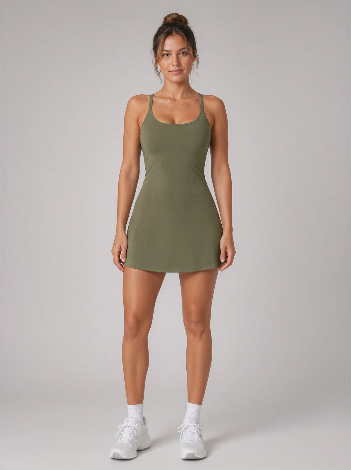 AirSculpt Active Dress in Olive Green, front view