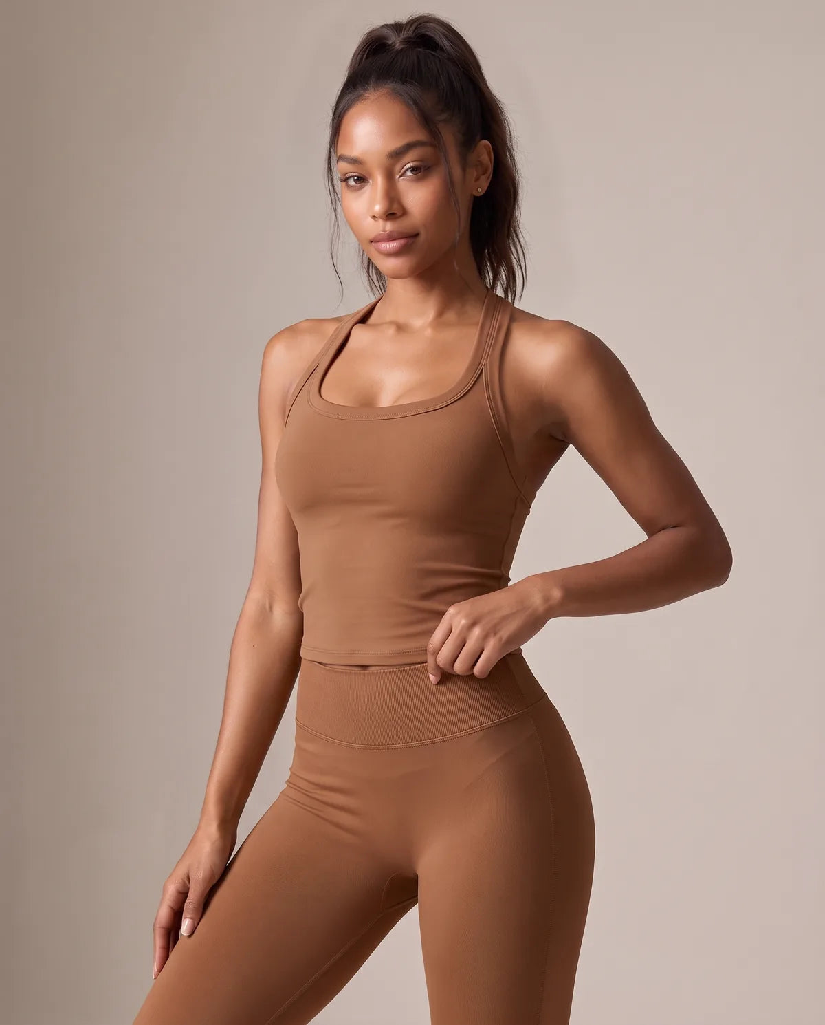 AVA Seamless Tank in caramel brown, front view