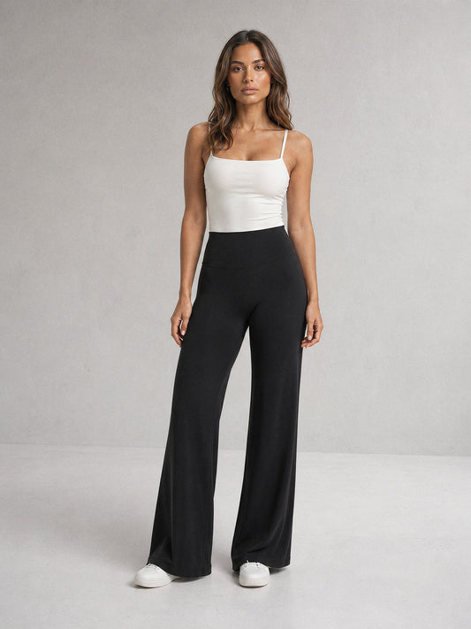 Boulevard Flare Pants in Black, front view, high-waisted wide-leg flare